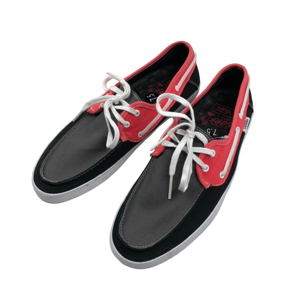 NWOB VANS Chauffeur Men’s Lace Up Canvas Black/Grey/Red Boat Shoes 7.5